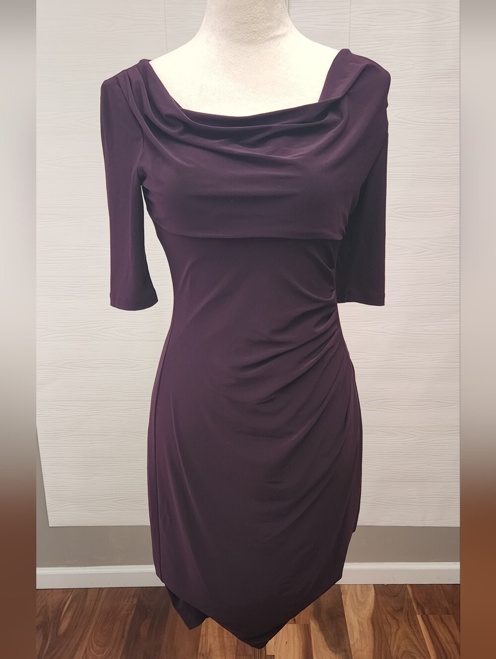 Lauren Ralph Lauren Dress Sz 4 NWT Raisin Ruched Cowl Neck Sheath Cocktail Midi